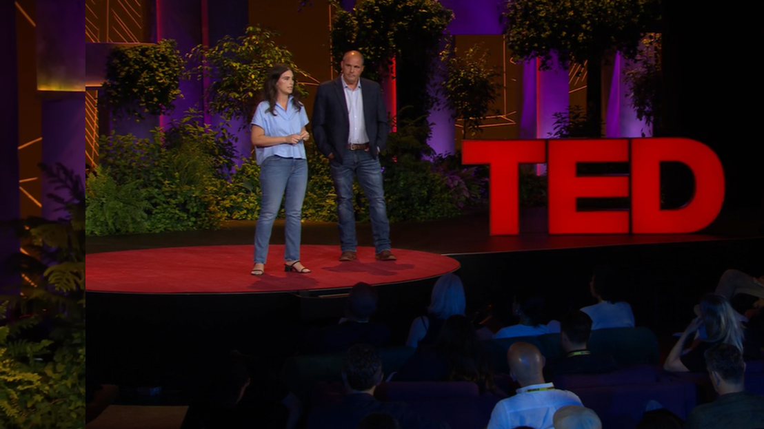 Jim Whitaker and Jessica Whitaker Allen on stage at their TED Talk