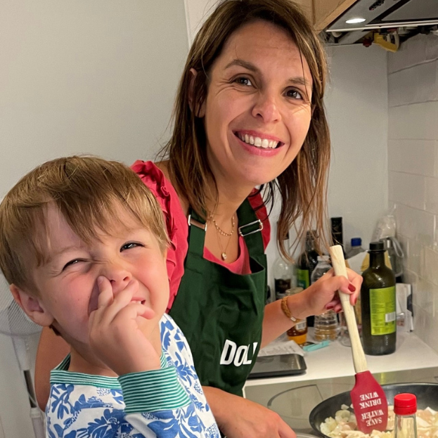 Laure Mahe, General Manager for Mars Food & Nutrition in France, in the kitchen with her son