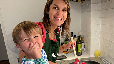 Laure Mahe, General Manager for Mars Food & Nutrition in France, in the kitchen with her son
