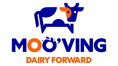 Moo'ving Dairy Forward logo with an illustration of a cow