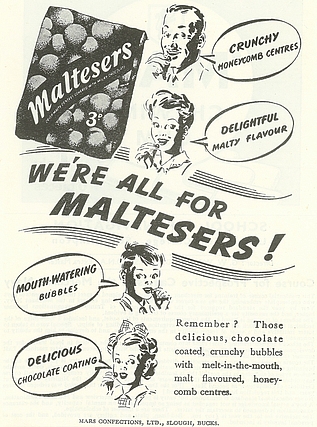 An advertisement from 1936 for chocolate candy Maltesers®.